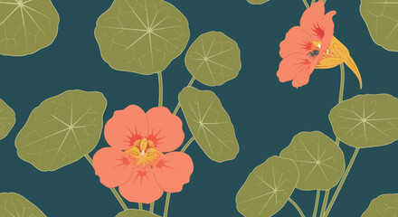 Coral blooms & round leaves on deep teal backdrop