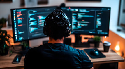 Focused individual coding at dual monitors in a modern workspace, surrounded by plants and a coffee cup, late evening ambiance for small business setup