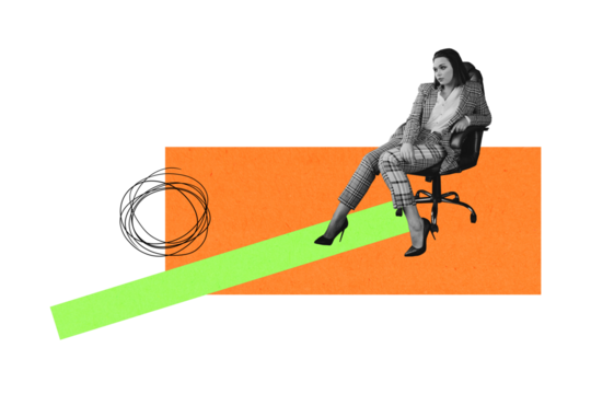 Creative image collage young woman sit business boss manager armchair office burnout unhappy depression bad mood drawing doodles