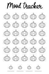 Mood tracking template with pumpkins for the fall months. Worksheet with 30 numbered pumpkins for daily mental health monitoring. Perfect for a diary, bullet journal, or planner insert. PNG and vector