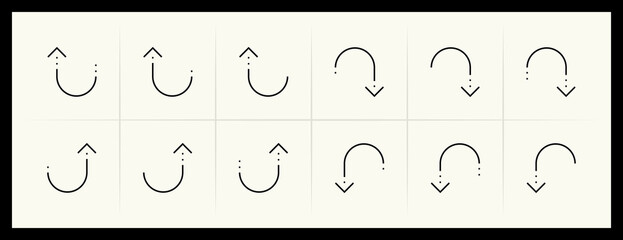 Outline circular and curved arrow icon set. Direction, navigation, downward, reload, clockwise, turn down, turn left, upward and more.