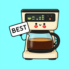Coffee maker character holding best sign