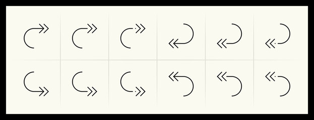 Outline circular and curved arrow icon set. Direction, navigation, downward, reload, clockwise, turn down, turn left, upward and more.