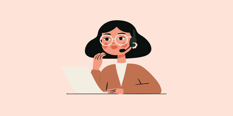 An illustration depicting a customer service representative at work, engaging in remote support, telecommunications, and assistance.