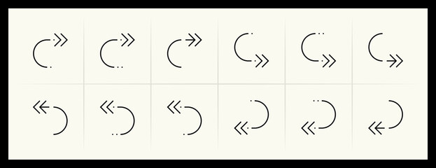 Outline circular and curved arrow icon set. Direction, navigation, downward, reload, clockwise, turn down, turn left, upward and more.