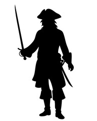Adult male pirate with sword, classic buccaneer silhouette in coat and tricorn hat, sea warrior
