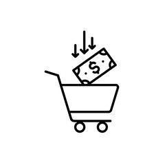Minimalist Icon Set Vector Featuring Money Falling Into Shopping Cart in Black