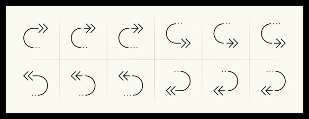 Outline circular and curved arrow icon set. Direction, navigation, downward, reload, clockwise, turn down, turn left, upward and more.