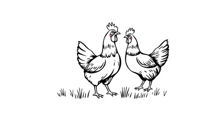 Two chickens standing on grass, depicted in a simple black and white line drawing style.