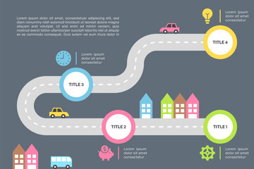 Curved Roadmap Infographic with Four Steps and Urban City Vector