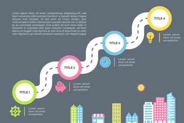 Winding Roadmap Infographic with Four Steps City Background Vector