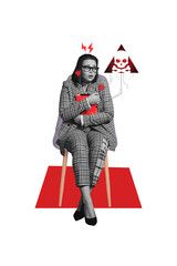 Vertical photo collage of scared girl hols hacked ipad device insect trojan virus cyberattack problem skull isolated on painted background