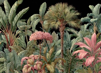 Obraz premium Tropical plants palm trees vector wallpaper with hand drawn watercolor style, dark green leaves pink accents