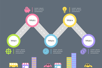 Zigzag Roadmap Infographic with Five Steps and Cityscape