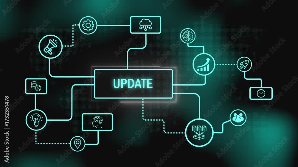 Wall mural Digital glow update. Abstract digital design with the word update and futuristic connection. Update animation with digital futuristic neon glow and abstract network connection visualization.