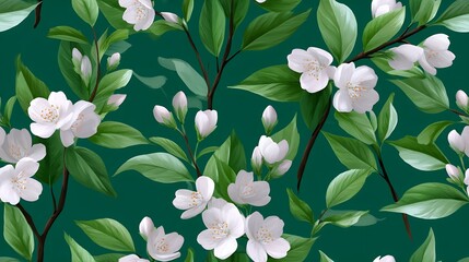 Seamless Pattern with Delicate White Jasmine Flowers and Green Leaves on Dark Teal Background