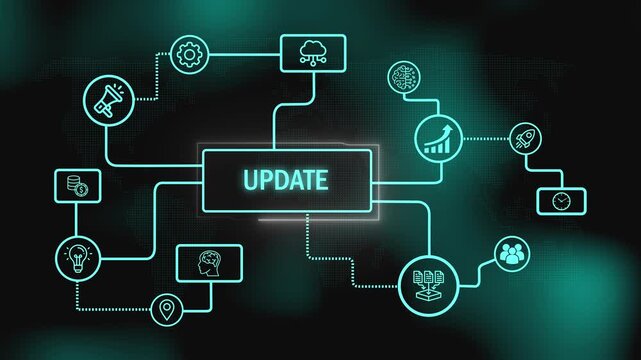 Digital glow update. Abstract digital design with the word update and futuristic connection. Update animation with digital futuristic neon glow and abstract network connection visualization.