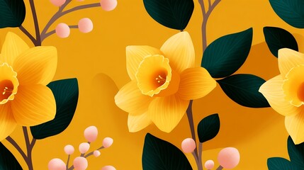 Floral Pattern Featuring Yellow Daffodils and Pink Berries on an Orange Background