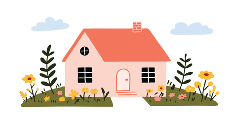 Fototapeta premium A charming cartoon illustration of a quaint house with a vibrant garden in full bloom. This image exudes warmth and inviting charm, suitable for a variety of creative endeavors.
