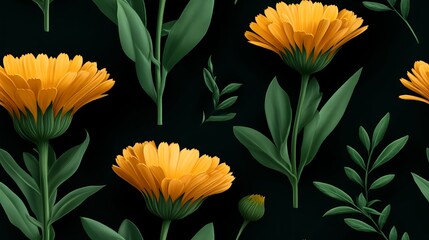 Seamless Pattern of Orange Calendula Flowers with Green Leaves on Dark Background