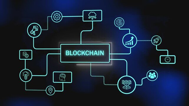 animated blockchain flowchart with glowing business and tech icons. futuristic infographic of a blockchain network on global world map. web3 and decentralized application (dapp) network visualization.