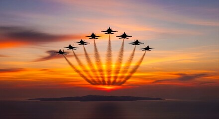 Spectacular fighter jets in formation at sunset airshow over ocean