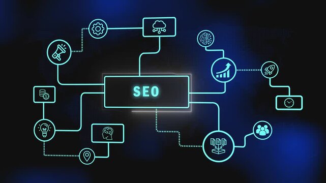 search engine ranking and online marketing visualization. digital mind map of seo concepts on a global world map. animated seo flowchart with glowing digital marketing icons.