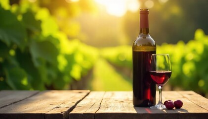 A single bottle of red wine rests on a rustic wooden table, bathed in soft sunlight  Perfect for wine labels, websites, or blog posts about wine tasting and vineyard life ,  vintage, wine