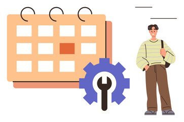 Calendar and gear for organization and setting preferences, man standing as participant or planner. Ideal for scheduling, time management, planning, task prioritization, productivity, workflow