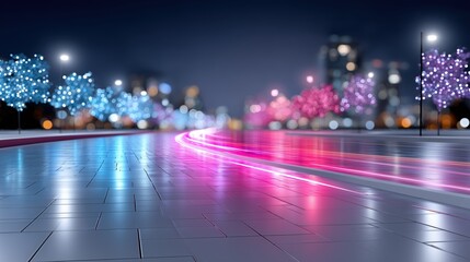 Futuristic illuminated urban road with vibrant light trails at night
