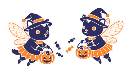 Halloween Witch Cat Fairy with Candies: Adorable witch cat fairies flutter about, each holding a pumpkin basket filled with candies, spreading spooky seasonal charm and magic.
