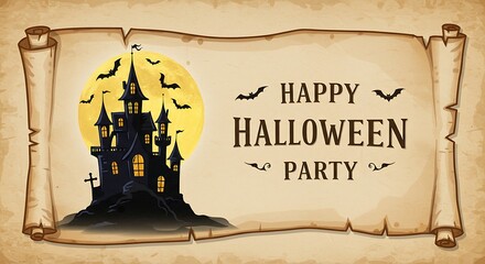 Halloween party invitation featuring a spooky castle, full moon, and bats on an old parchment scroll