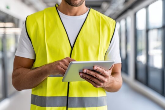 A close-up of a person in a bright yellow reflective vest using a digital tablet, standing indoors with a blurred background.