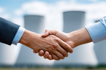 Two people shaking hands, symbolizing a business agreement or partnership, with power plant cooling towers in the background.