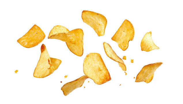 A dynamic arrangement of golden. crispy potato chips scattered against a clean white background. their texture and shape. ideal for food-related content or snack advertisements