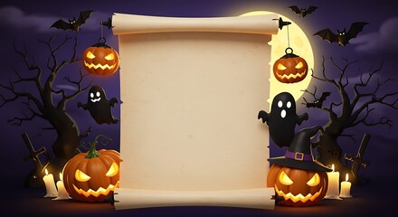 Halloween-themed scene with jack-o'-lanterns, ghosts, bats, and a scroll against a full moon background