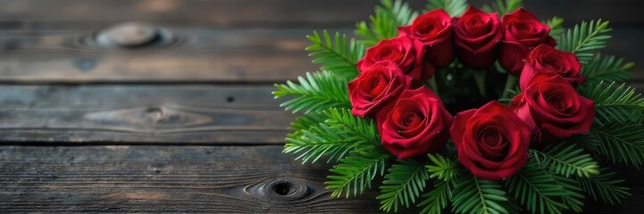 Obraz premium A somber yet beautiful funeral wreath crafted with deep red roses and lush evergreen boughs, resting on a dark wooden surface Perfect for sympathy and remembrance themes , sadness, branches