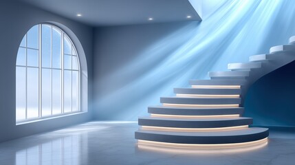 Modern curved staircase with illuminated steps and ethereal light rays