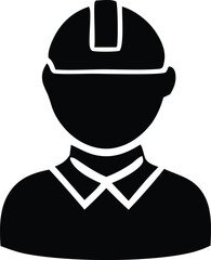 Iconic silhouette of a construction worker wearing a hard hat representing industry labor and professional engineering safety personnel.