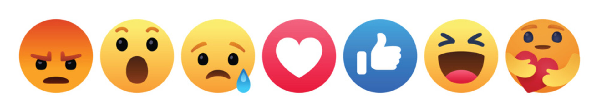 Collection of facebook reaction emojis including angry, wow, sad, love, like, laughing, and hugging heart, isolated on transparent background