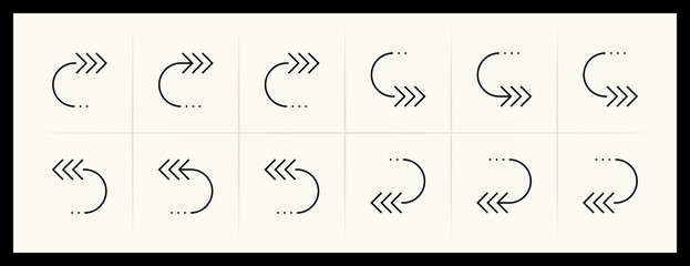 Outline circular and curved arrow icon set. Direction, navigation, downward, reload, clockwise, turn down, turn left, upward and more.