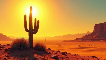 A single, sun-baked cactus stands stark against a vast, empty desert landscape under a blazing midday sun, embodying the intense solitude of lonely heat , background, wild