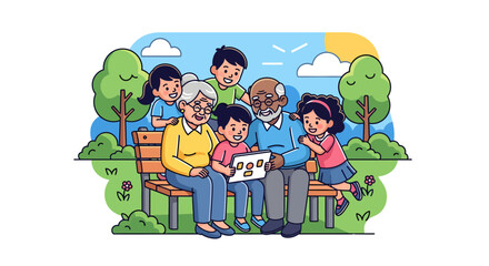 A cartoon illustration of a family enjoying a day together in a park, looking at a tablet.