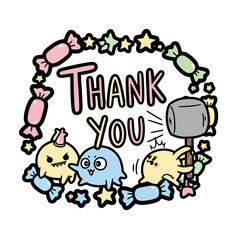Whimsical cartoon thank you message surrounded by colorful candies and playful monster characters holding hammer