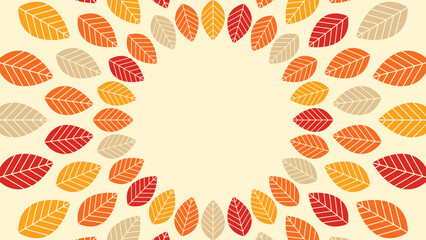 Round leaf frame with autumn foliage in circular border, isolated on yellow for seasonal template. Decorative fall leaves design, warm nature background for poster, card, and banner illustration.