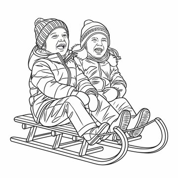 kids sledding winter fun black and white clip art preview