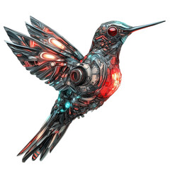 Obraz premium Mechanical Hummingbird with Glowing Red Chest Isolated Clipart