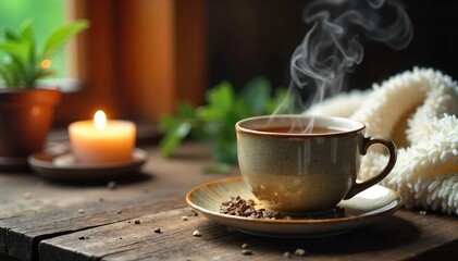 A steaming mug of herbal tea sits on a rustic wooden table next to a lit candle and a soft, fluffy blanket, creating a serene and calming atmosphere perfect for relaxation , evening, wellness