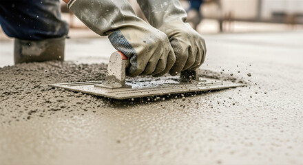 A construction worker's hands smoothing wet concrete with a trowel an action shot of foundation work and building with copy space on the surface