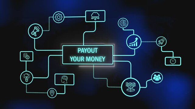 visualizing the future of digital payments and disbursements. connecting the elements of a secure and efficient payout system. animated "payout your money" flowchart with glowing finance icons. 